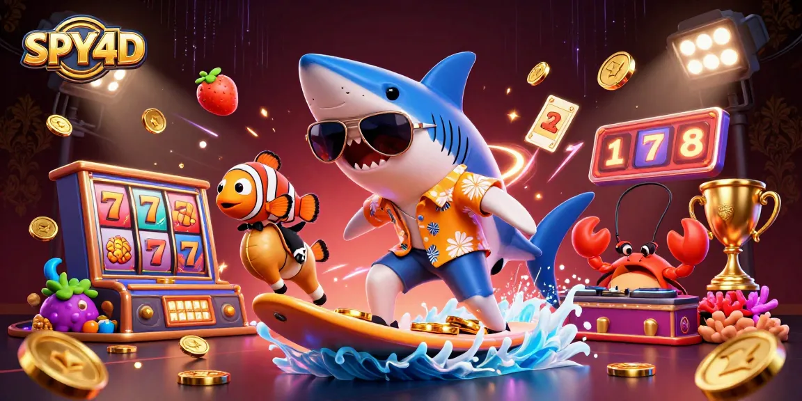 Mainkan SPY4D dengan ilustrasi penuh warna dari permainan slot, ikan, dan harta karun yang menghibur.