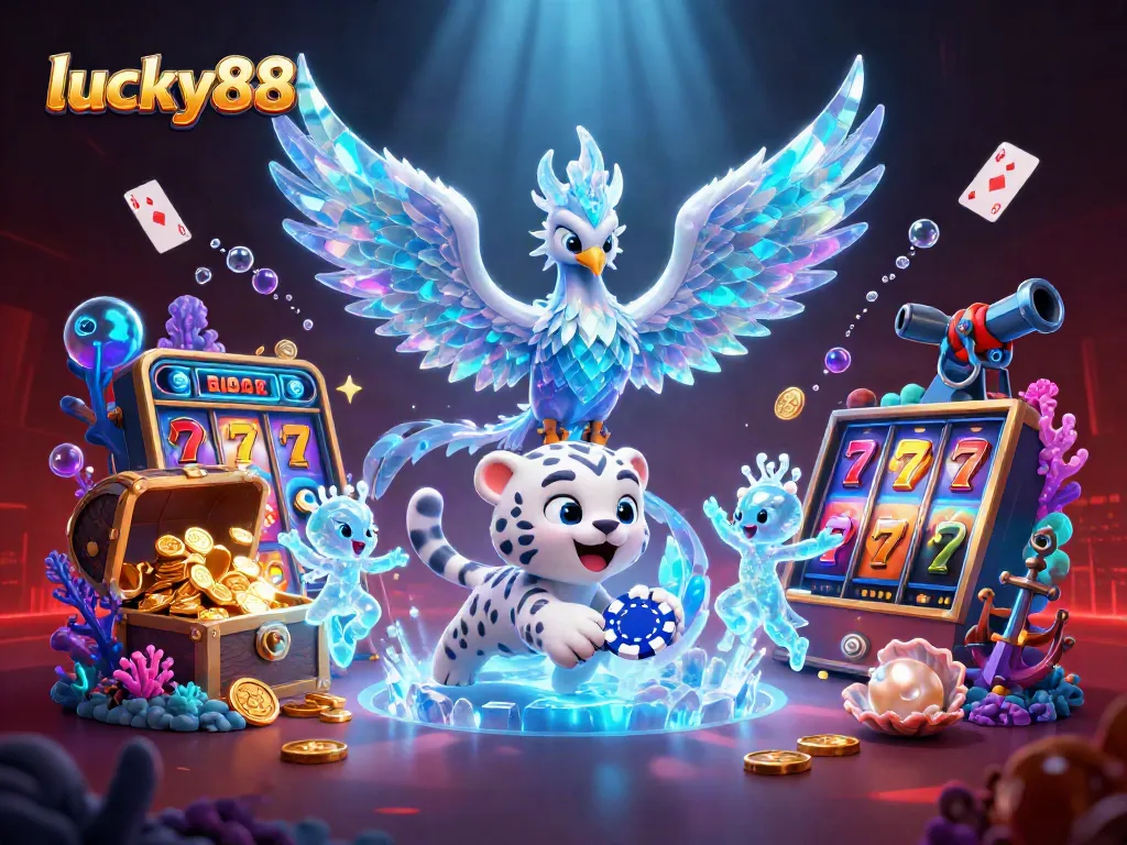 Experience lucky88's vibrant casino excitement with a 3D phoenix, playful cub, and sparkling gold.