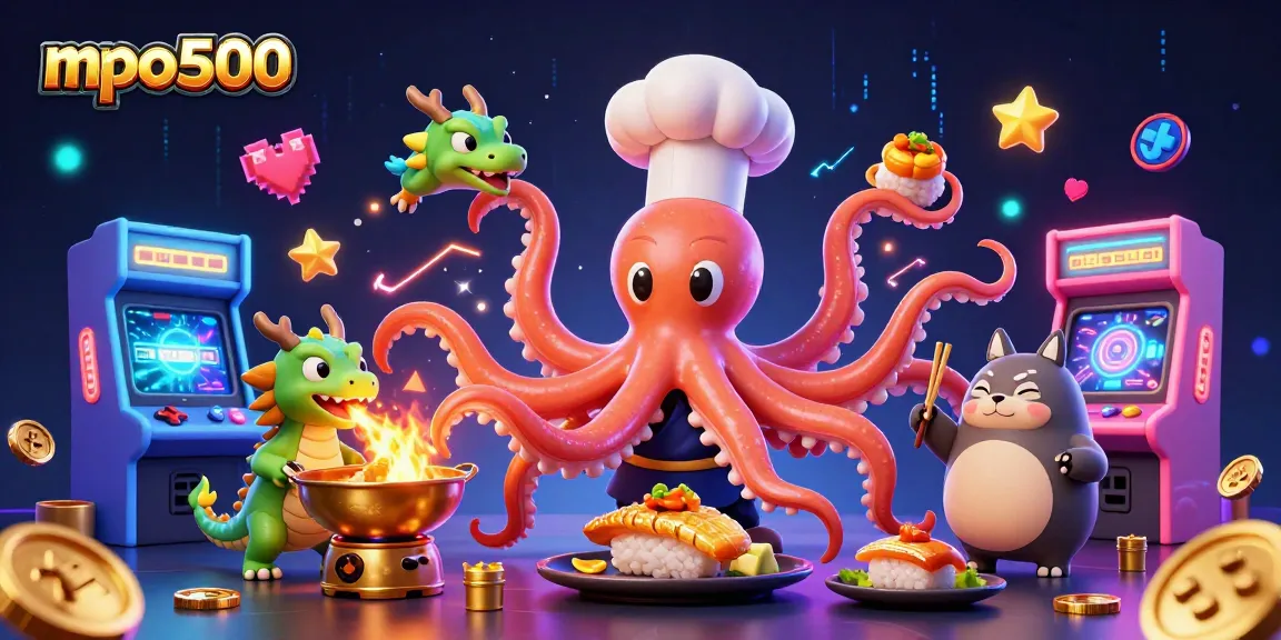 mpo500 casino scene with a sushi chef octopus and dragon in a vibrant gaming environment