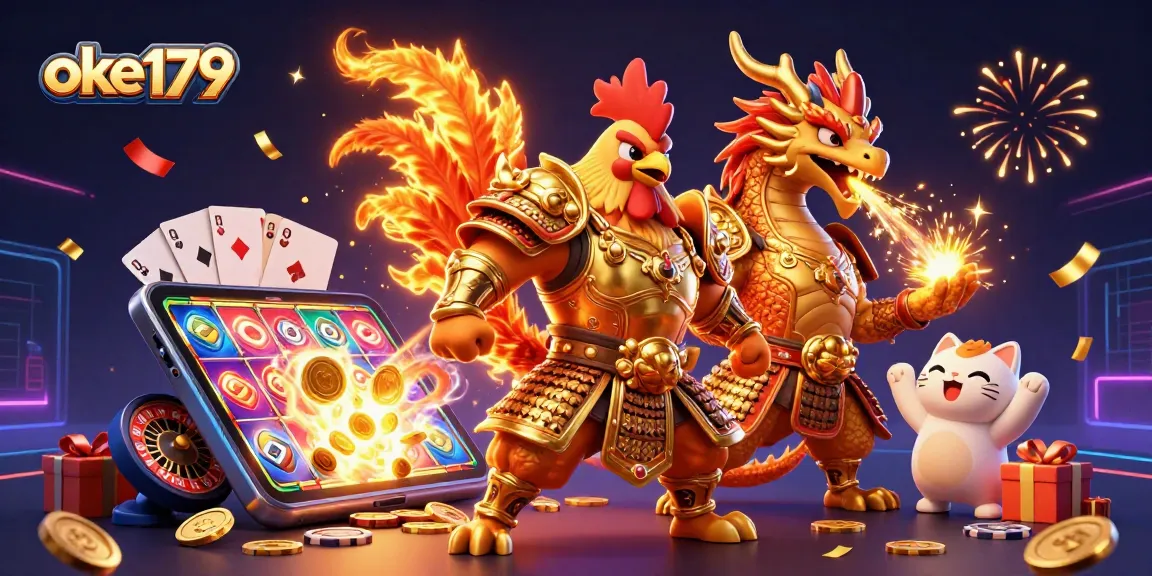 Experience thrilling wins at oke179 with a rooster warrior and dragon amid vibrant casino elements.