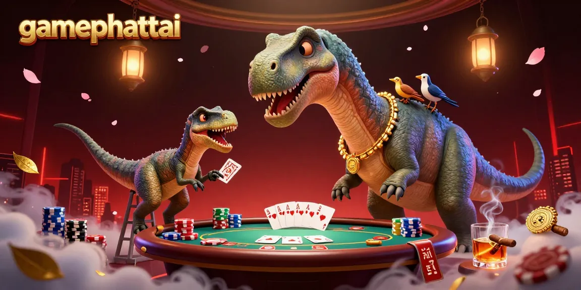 Engage in the thrilling gamephattai with a dinosaur-themed poker scene filled with colorful elements.