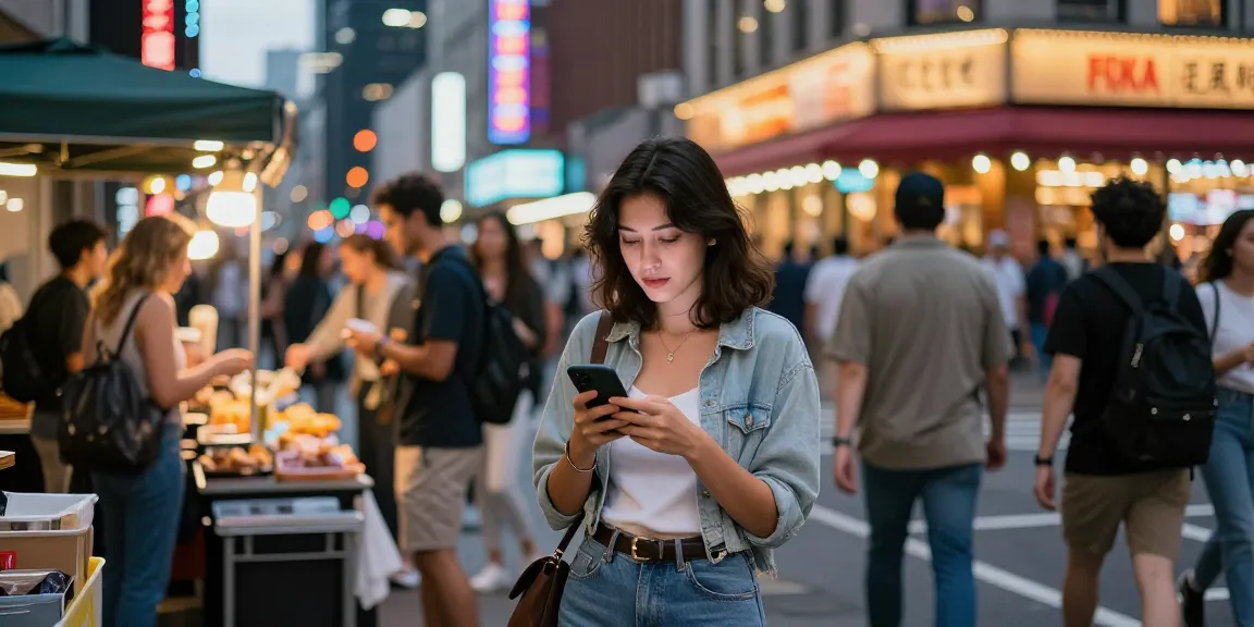 Gái gọi đang tương tác với khách hàng trên phố đông đúc, ánh đèn neon rực rỡ.