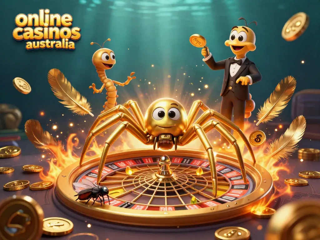 Experience online casinos Australia with a vibrant scene of a golden spider and betting fly in a roulette wheel web.