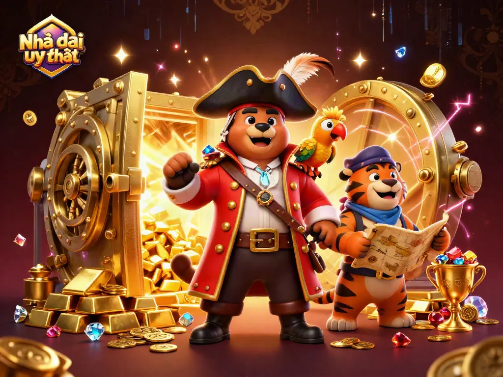 Engaging scene showcasing Nhà cái uy tín with a captain bear, tiger, and treasure elements for casino excitement