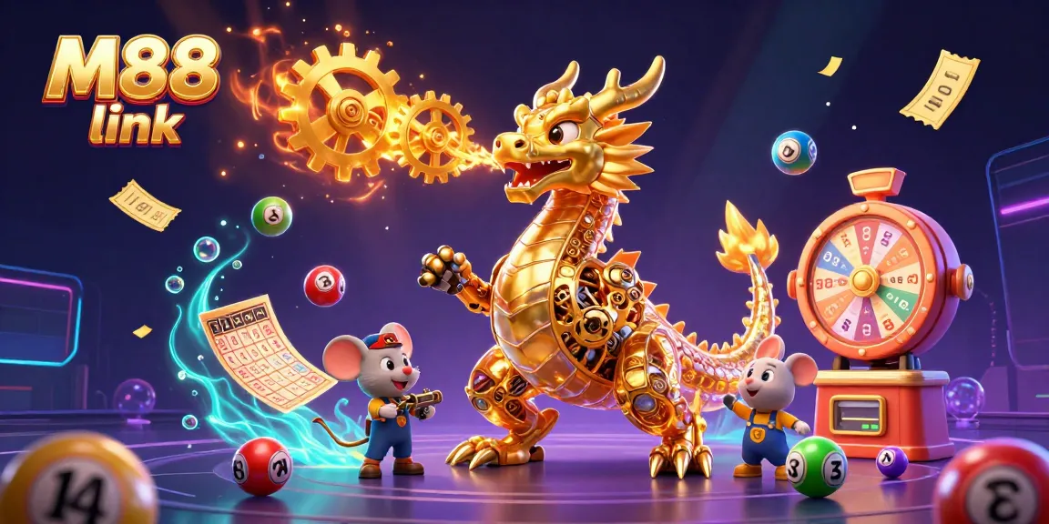 Engage with the thrilling M88 link in a vibrant 3D illustration featuring dynamic lottery elements and a golden dragon.