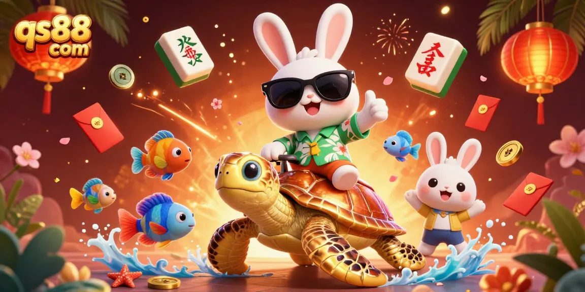 Win big with qs88 com as the lucky rabbit rides a golden sea turtle surrounded by vibrant casino elements.