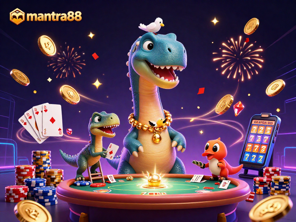 Experience the excitement of mantra88 with a vibrant 3D casino scene showcasing gaming thrills and dynamic characters.