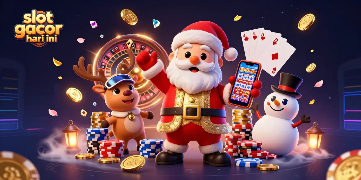Engage with slot gacor hari ini through a vibrant casino scene featuring Santa, reindeer, and a snowman.