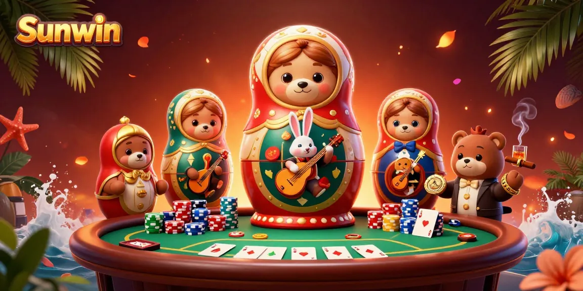 Experience gaming excitement at Sunwin with dynamic poker elements and vibrant casino characters.