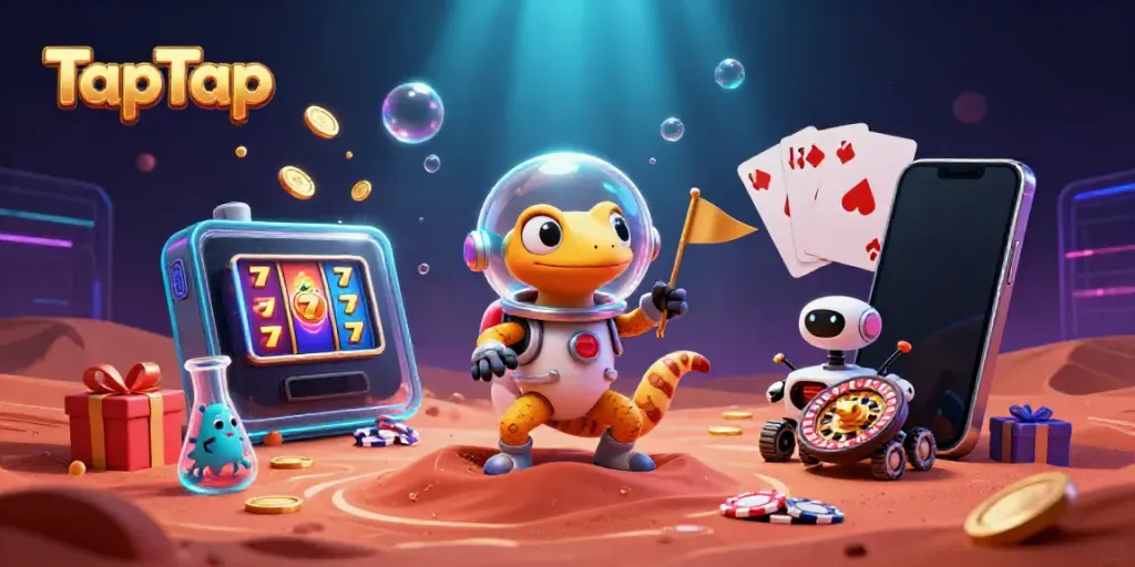 TapTap: A Martian gecko uncovers a golden casino in a vibrant space-themed illustration.