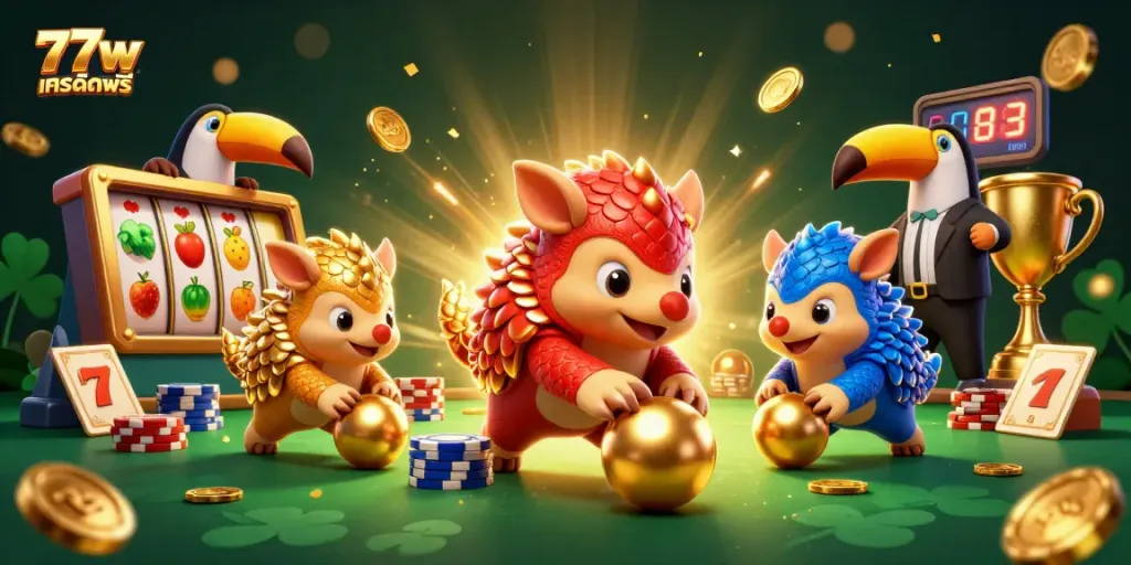 77w เครดิตฟรี casino pangolins rolling through poker chips in a vibrant 3D illustration