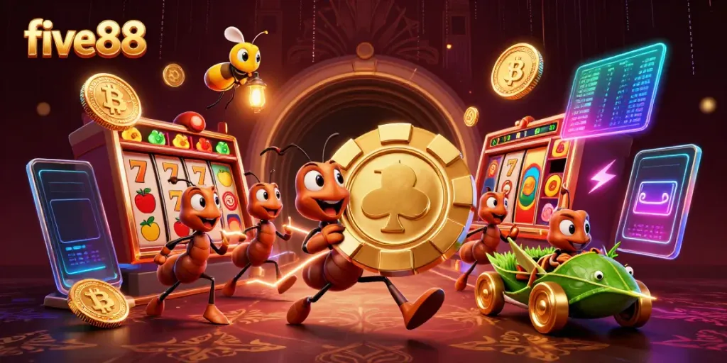 Engaging five88-themed illustration of ants stealing a giant poker chip in a rich casino tunnel setting.