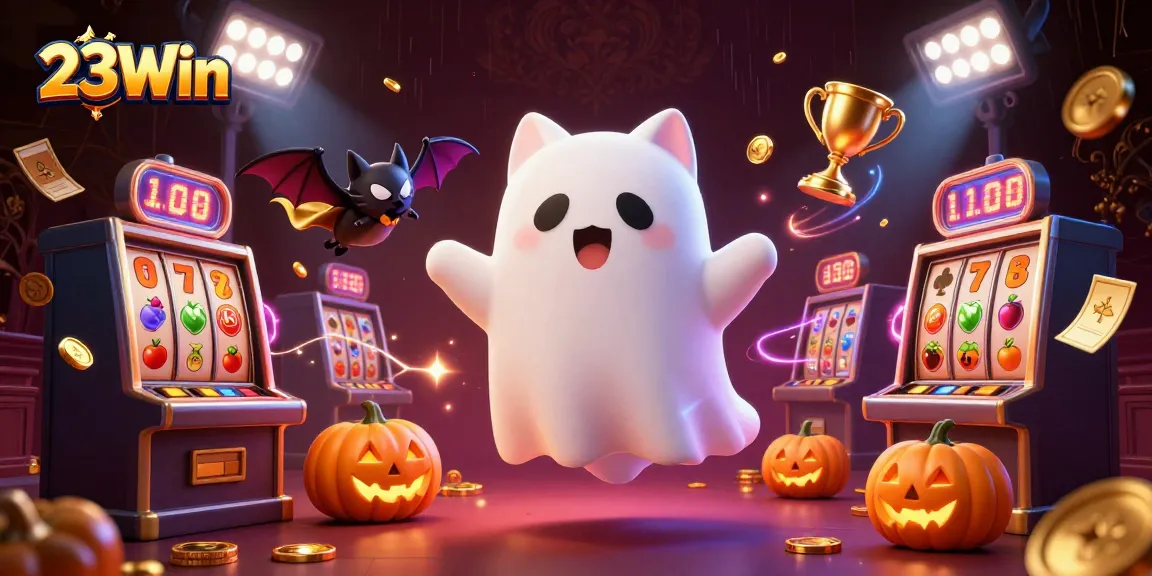 Win big at 23Win with a playful ghost cat and golden bat in a lively casino