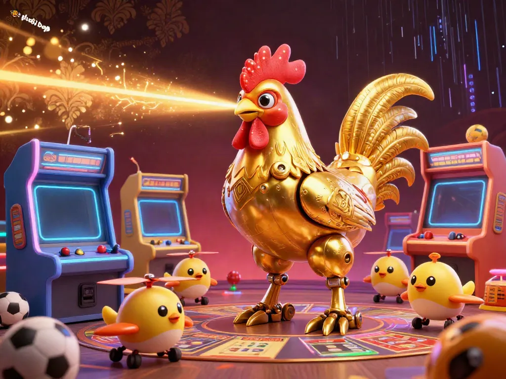 Mengalami judi bola dengan robot ayam emas yang mengeluarkan laser dan drone anak ayam, dikelilingi mesin permainan warna-warni.