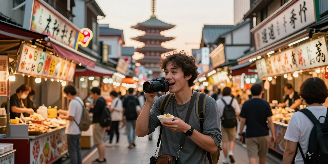 Tasting local delicacies with NAGA2000 during a vibrant Tokyo market adventure.
