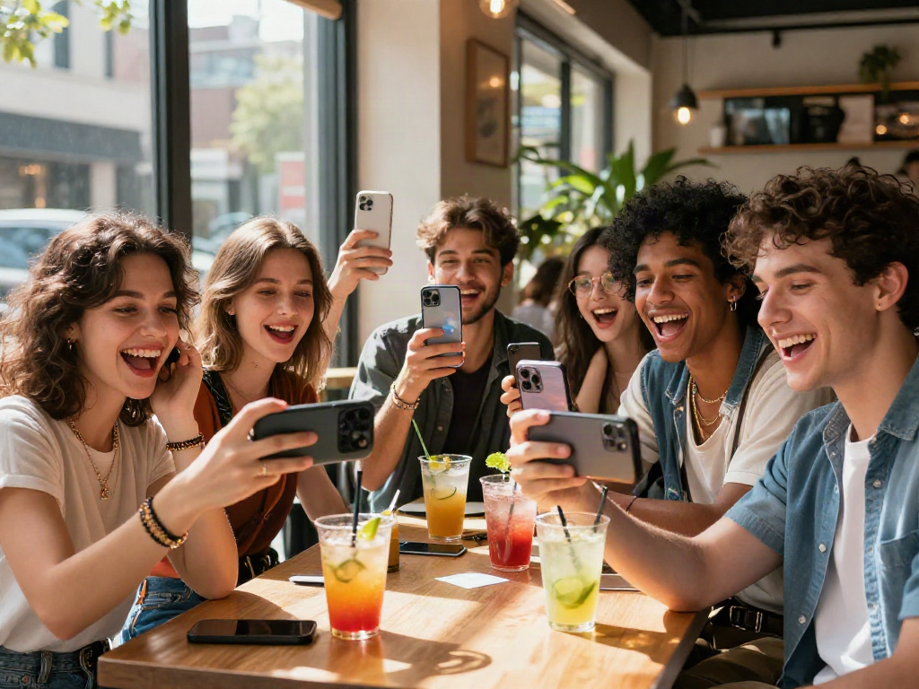Group of friends excitedly comparing selfies for their celebrity look alike matches at a lively café.