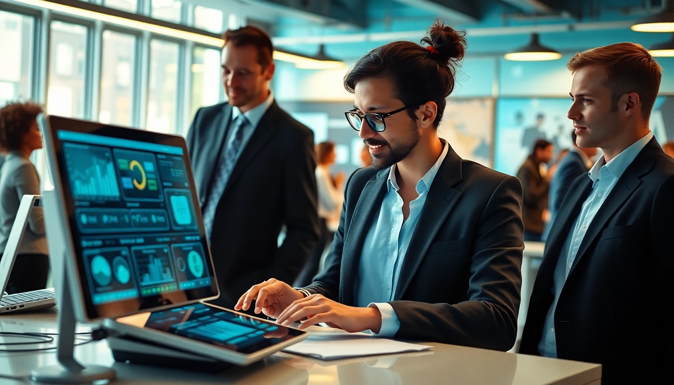 Illustration of AI agents collaborating in a modern workspace with digital data tools.