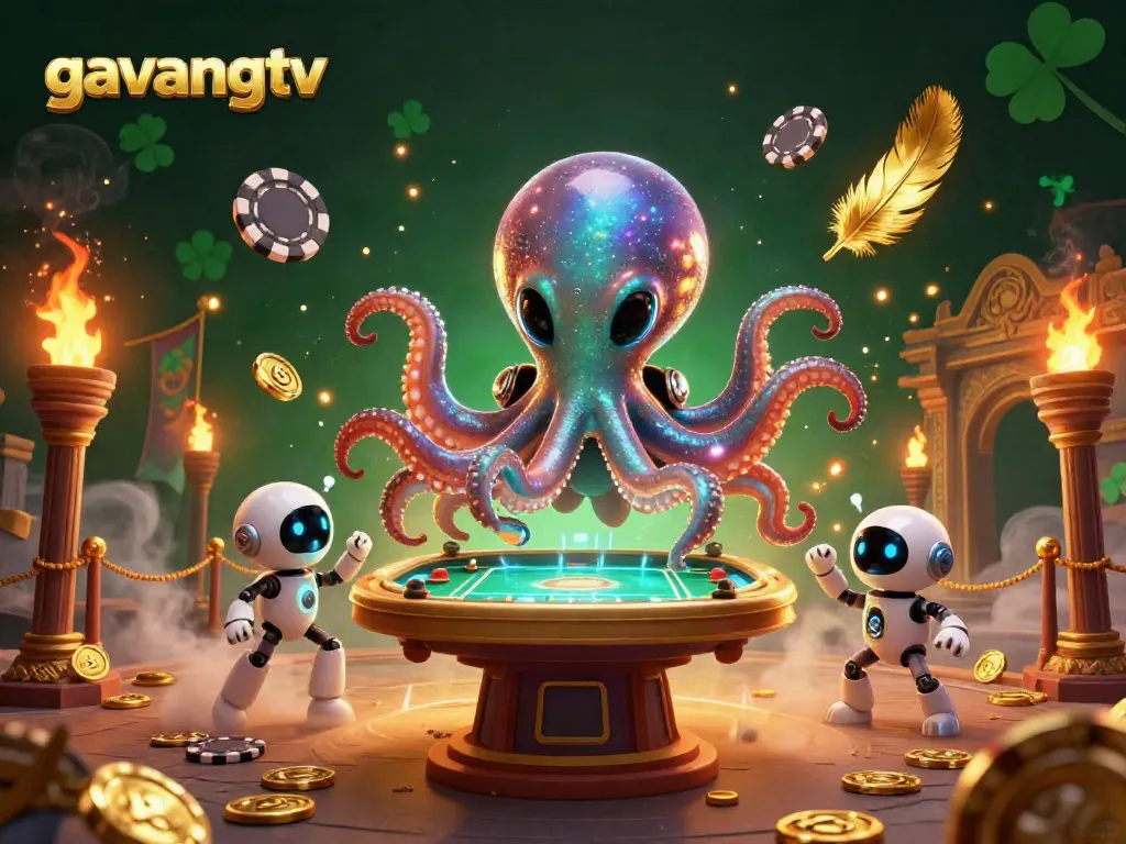 Watch thrilling gambling action with gavangtv's dynamic alien octopus at a holographic sports betting table.