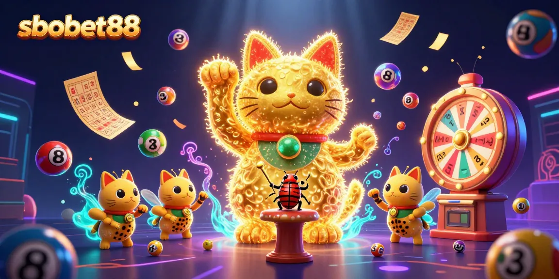 Experience thrilling sbobet88 betting with a dynamic illustration of a lucky cat and casino symbols