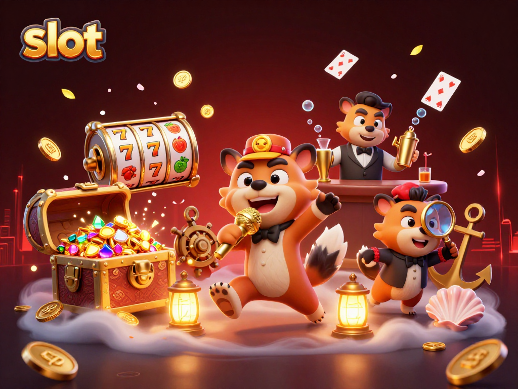 Experience thrilling slot action in a vibrant casino scene with hyenas and rich treasures.