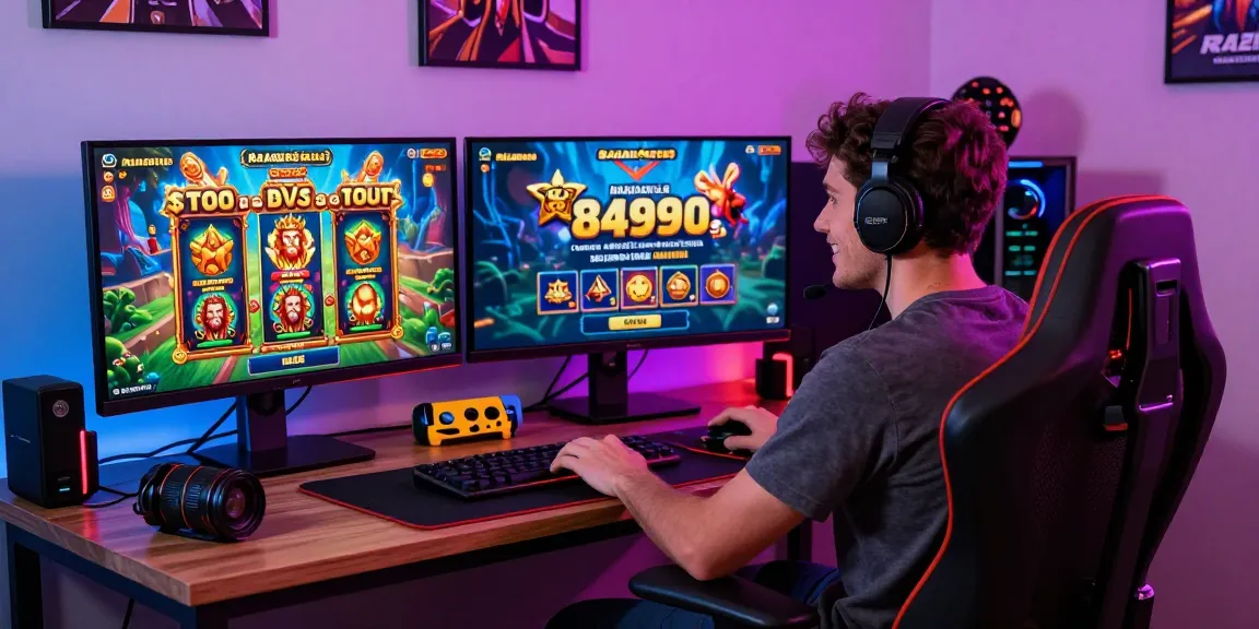 Player enjoying thrilling gaming experience on situs 888 with vibrant Zeus-themed slot graphics and home office setup.