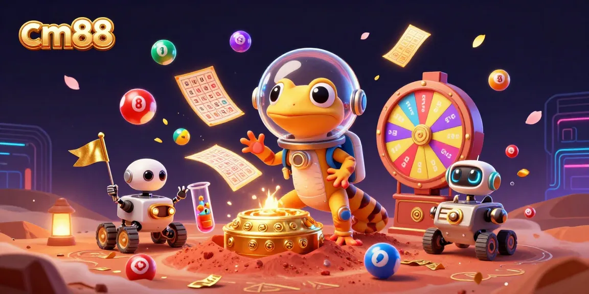 Join the fun at cm88 with a Martian gecko discovering a golden casino amid vibrant lottery elements.