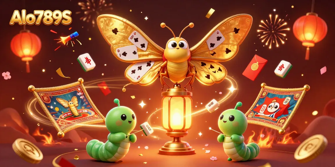 Alo789S showcases a dynamic gambling scene with a mythical moth and casino game elements.