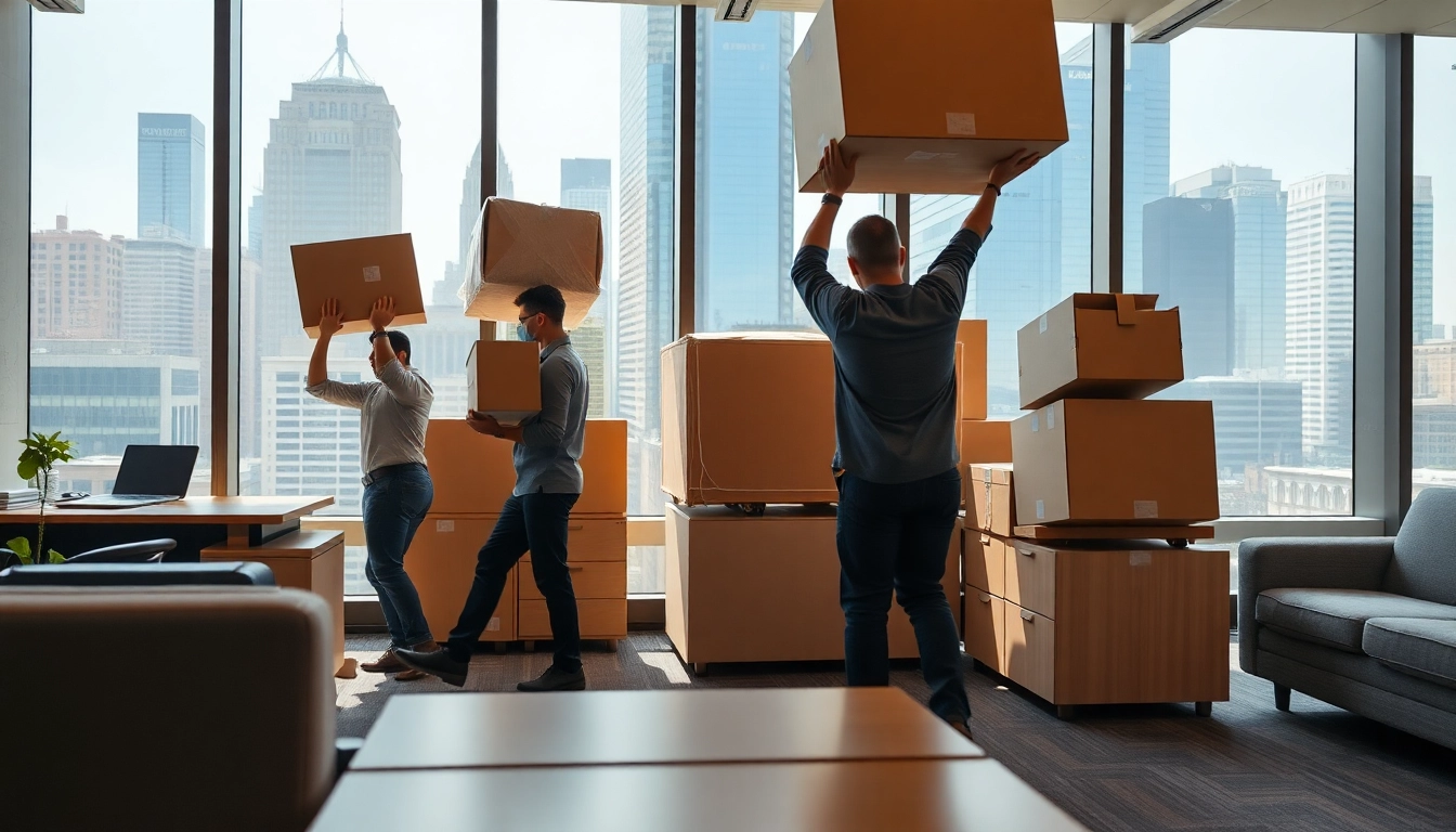 Efficient professional movers providing Commercial Moving Services NYC in a bustling office environment.