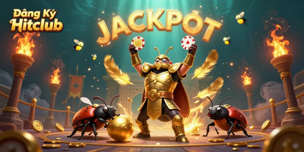 Engage with the gambling excitement at Đăng Ký Hitclub, featuring a victorious beetle with poker chips and enchanting fireflies.