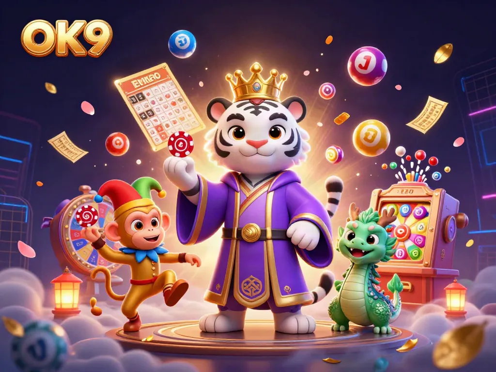 Experience excitement in OK9's vibrant casino scene with thrilling lottery balls and colorful characters.