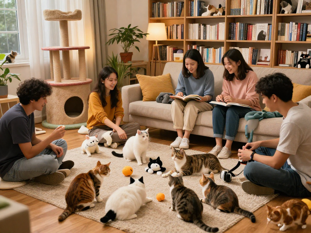 在温馨的客厅里，快喵与不同年龄的爱猫者互动，猫咪玩具散落在地，营造出快乐温馨的氛围。