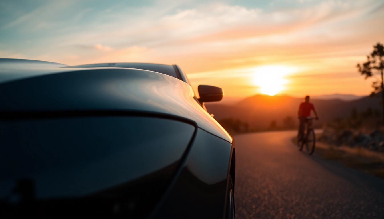 Luxury BMW car parked on a scenic mountain road during sunset, showcasing its sleek design.