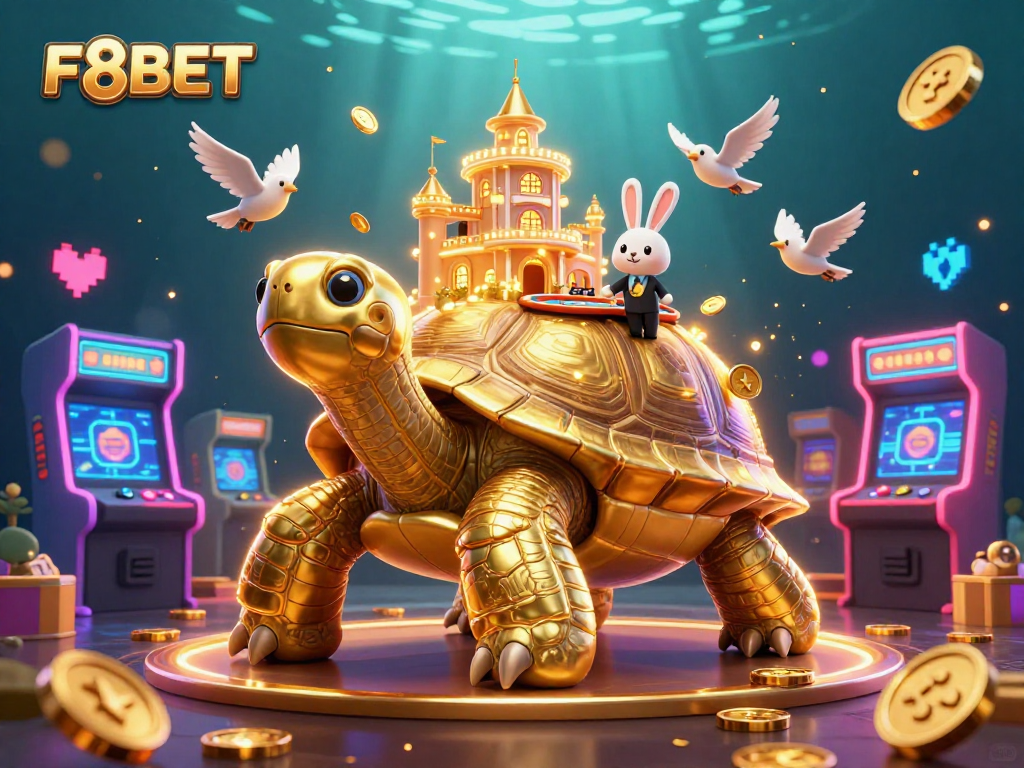 Experience gaming excitement with F8BET's vibrant 3D casino illustration showcasing a golden tortoise with a casino palace.