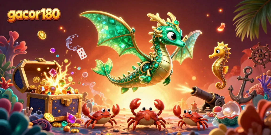 Mainkan gacor180 dengan ilustrasi kasino yang memikat dari naga laut dan harta karun.