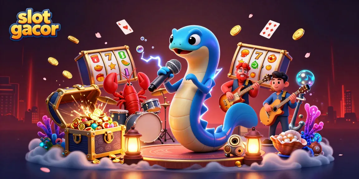 Engaging illustration of slot gacor experience with an electric eel DJ, lively underwater scene.