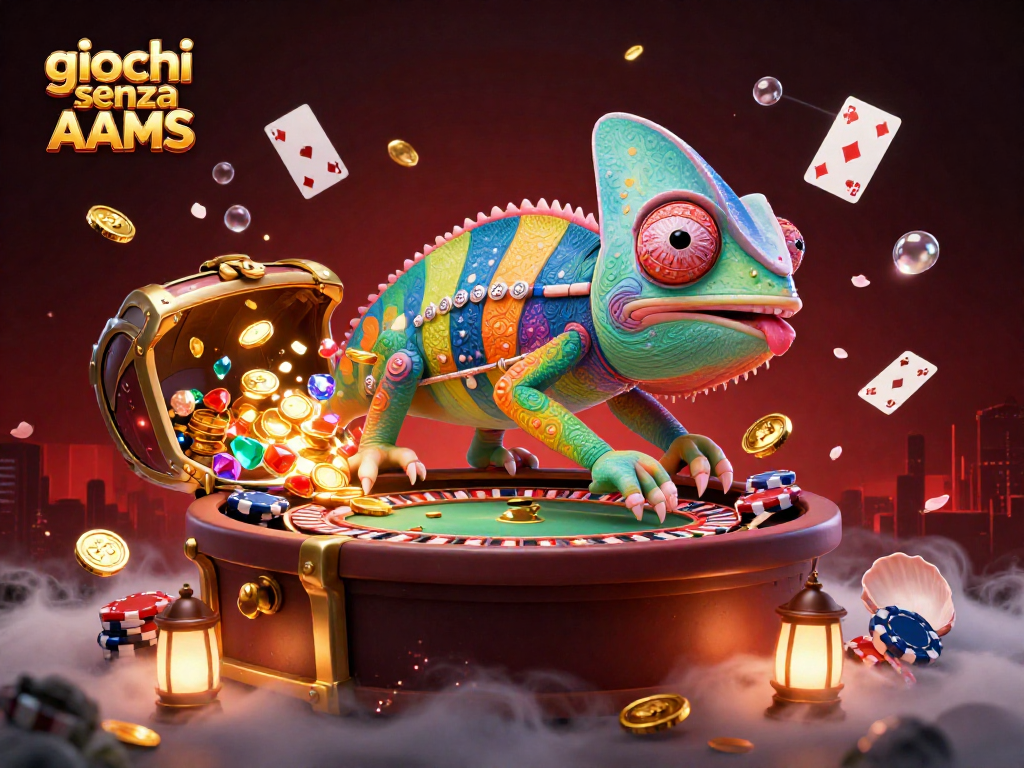 Scopri i giochi senza AAMS in un'illustrazione 3D vivace con un camaleonte divertente e elementi di casinò.