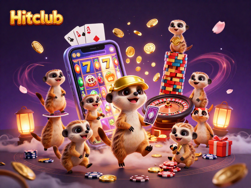 Hitclub casino scene with meerkats managing games and winning chips surrounded by vibrant elements