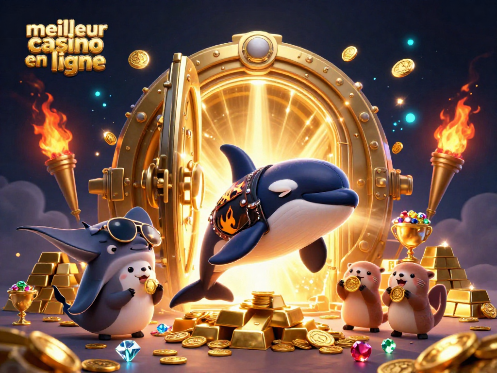 Plongez dans l'univers du meilleur casino en ligne avec une illustration dynamique d'animaux marins et trésors.
