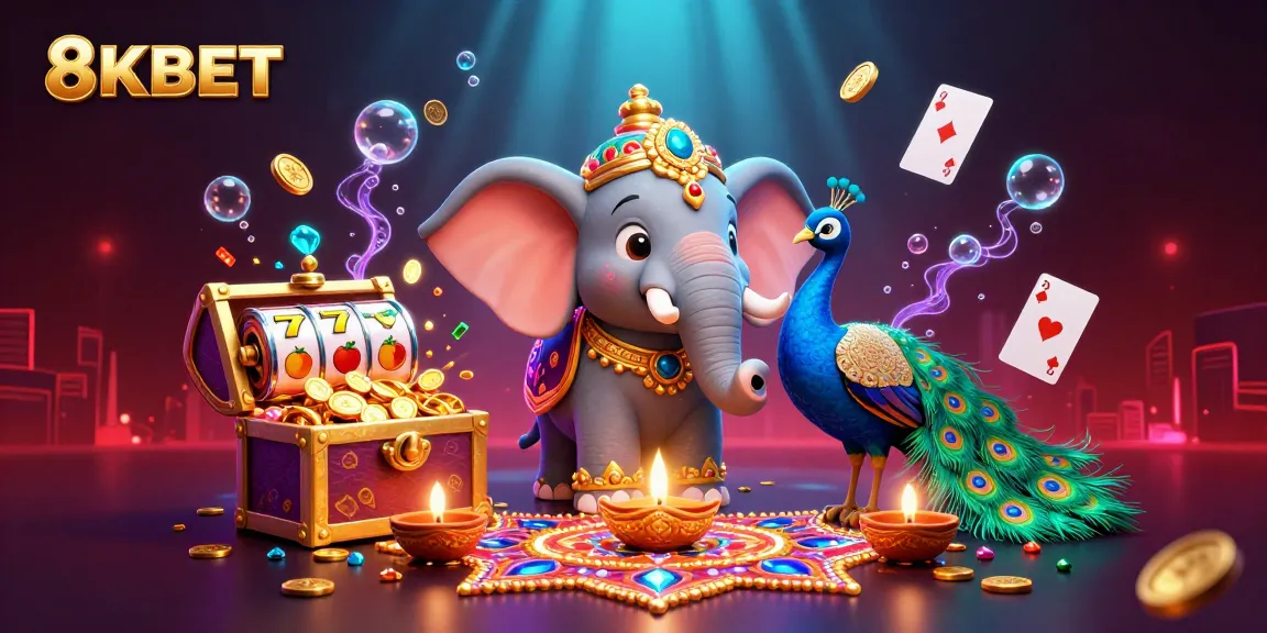 Experience thrilling 8KBET casino action with a vibrant 3D illustration of slots, treasure, and festive elements.