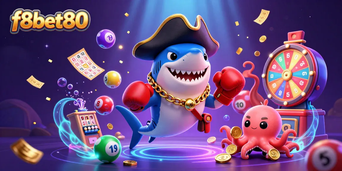 Experience excitement with f8bet80 as a cartoon pirate shark and friends celebrate with spinning lottery and bingo games.