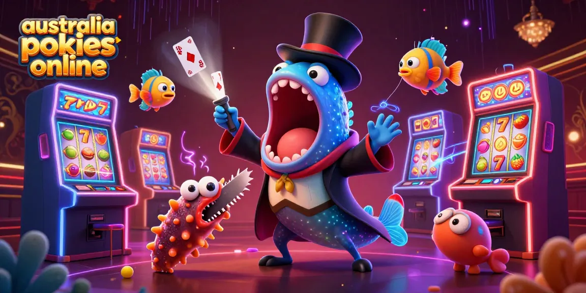 Experience excitement with australia pokies online, showcasing vibrant slot machines and magical sea-themed characters in a lively casino scene.