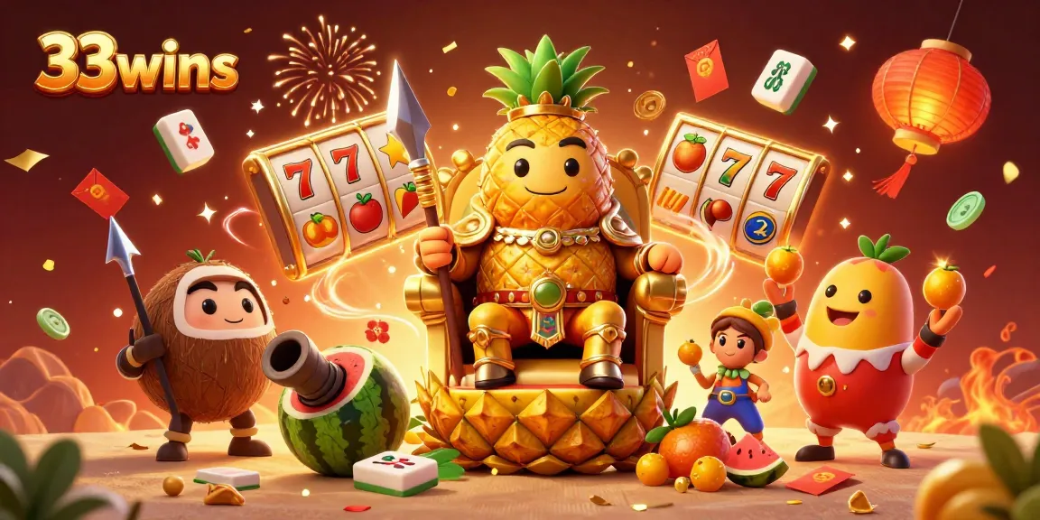 Engage in thrilling slots action with 33wins, featuring vibrant characters, reels, and winning symbols.