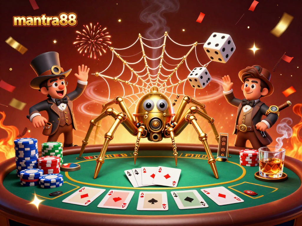 Engage with mantra88 in a dynamic casino scene showcasing colorful poker elements and steampunk artistry.