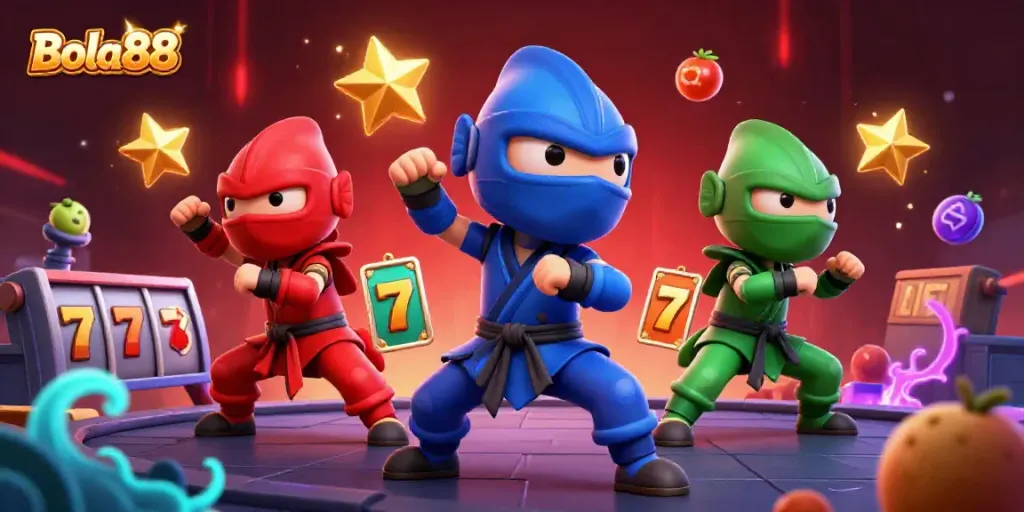 Bola88 launch a thrilling martial arts showdown with vibrant gaming elements surrounding them.