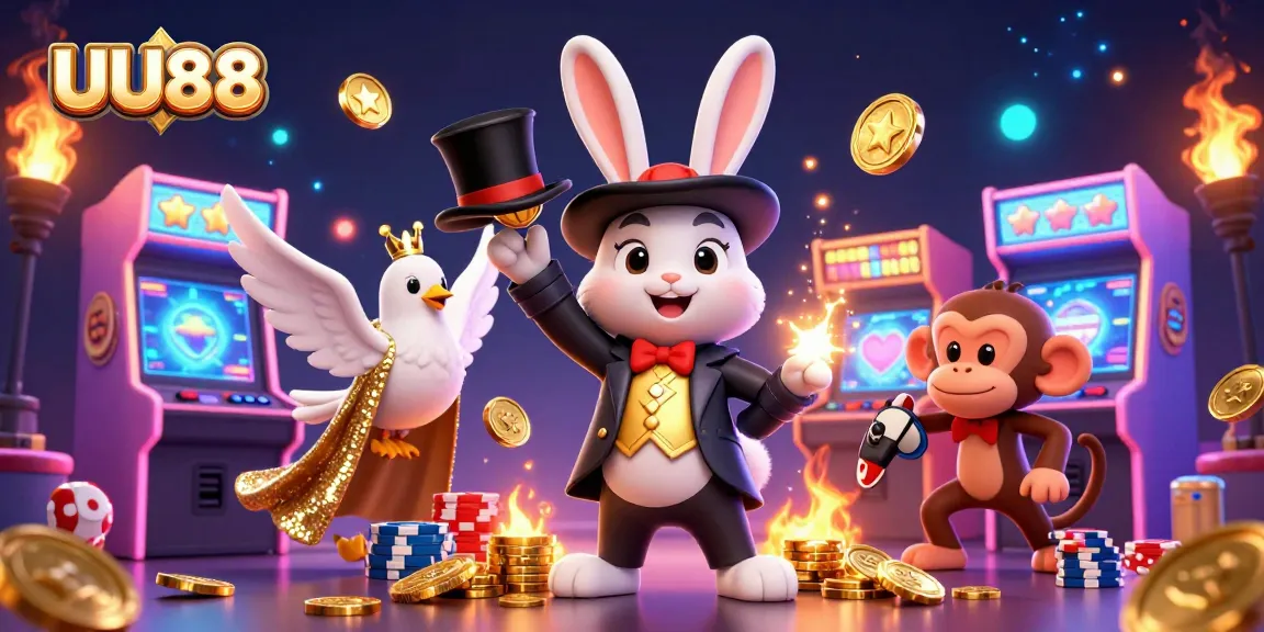Play exciting games and win big at UU88, featuring colorful 3D elements and casino magic.