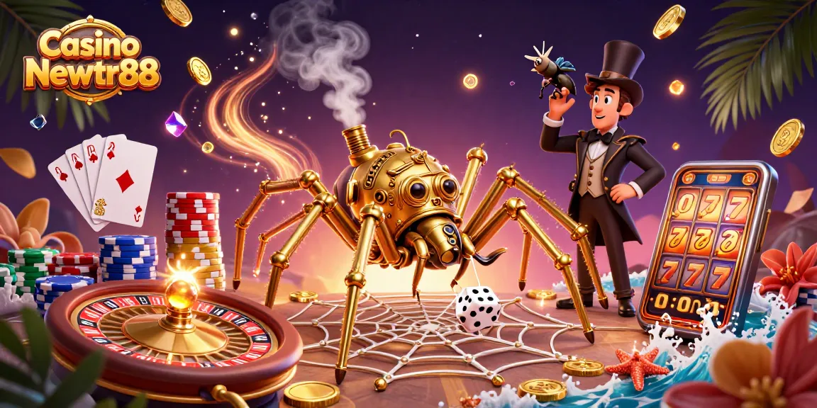 Catch a glimpse of Casino Newtr88 with a steampunk spider and golden treasures.