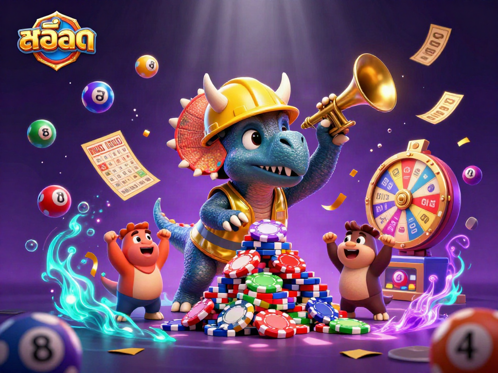 Engage in สล็อต gaming excitement with a playful scene of dinosaurs celebrating in a dynamic casino environment.