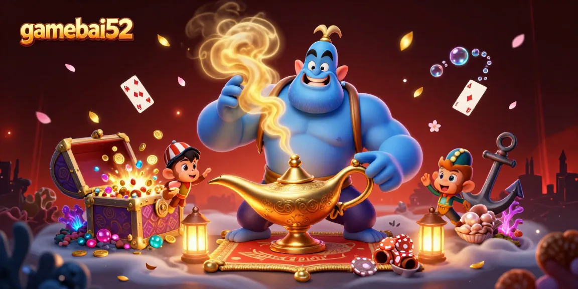 Experience the thrill of gamebai52 with a lively illustration featuring a genie, monkey, and poker chips.