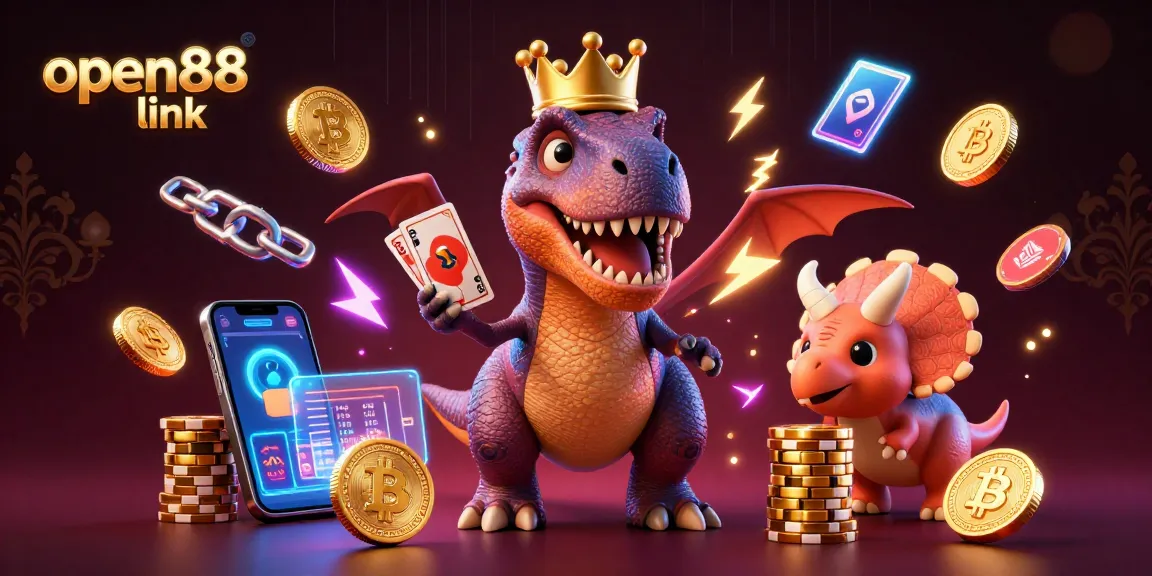 Engage with exciting games at open88 link featuring a playful T-Rex dealing cards.