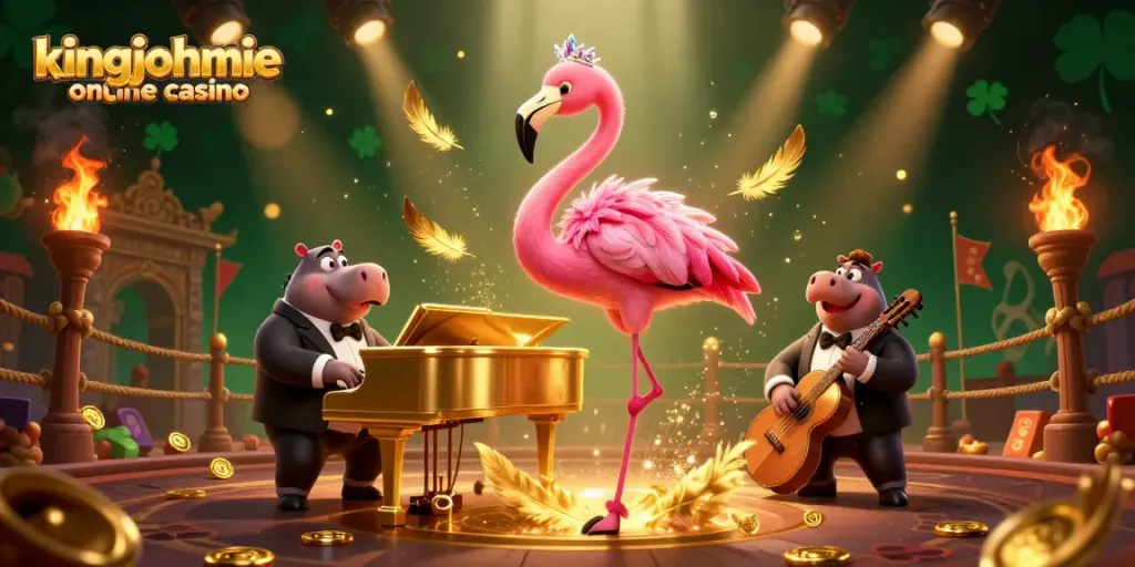 Engage with kingjohnnie online casino's vibrant 3D scene featuring a flamingo singer and a hippo bassist.